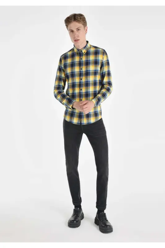 Slim Fit To'q ko'k rangli erkaklar uchun uzun yengli ko'ylak - 3