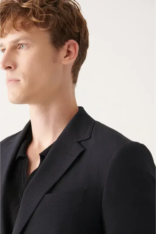 Slim Fit Tor, Ikki Qator Tugmali, Gofre Tuqimasi, Astarsiz Qora Erkaklar Ko'ylagi - 2