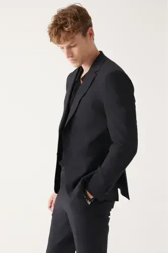 Slim Fit Tor, Ikki Qator Tugmali, Gofre Tuqimasi, Astarsiz Qora Erkaklar Ko'ylagi - 3