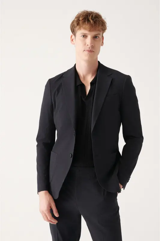Slim Fit Tor, Ikki Qator Tugmali, Gofre Tuqimasi, Astarsiz Qora Erkaklar Ko'ylagi - AVVA