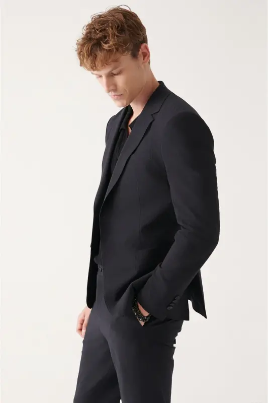 Slim Fit Tor, Ikki Qator Tugmali, Gofre Tuqimasi, Astarsiz Qora Erkaklar Ko'ylagi - 3