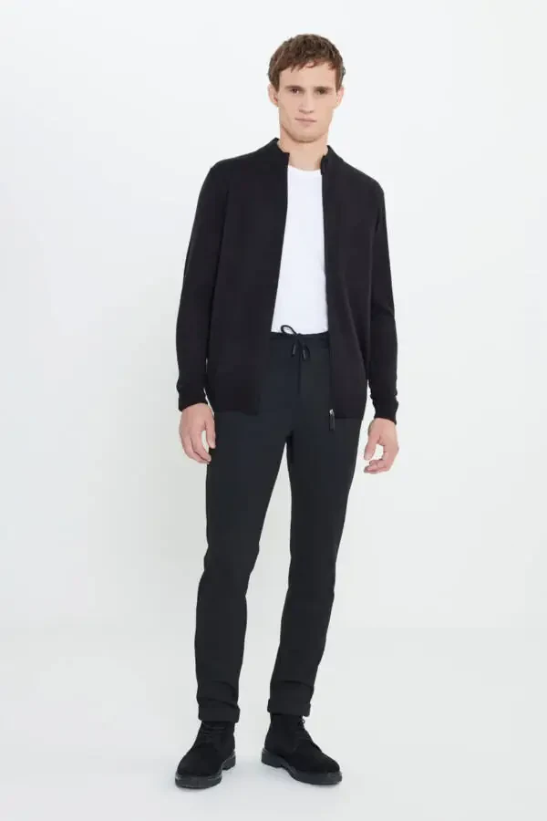 Slim Fit Tor Keltirilgan Beli Bogʻlamali Yon Choʻntak Moslashuvchan Kundalik Qora Shim - 1