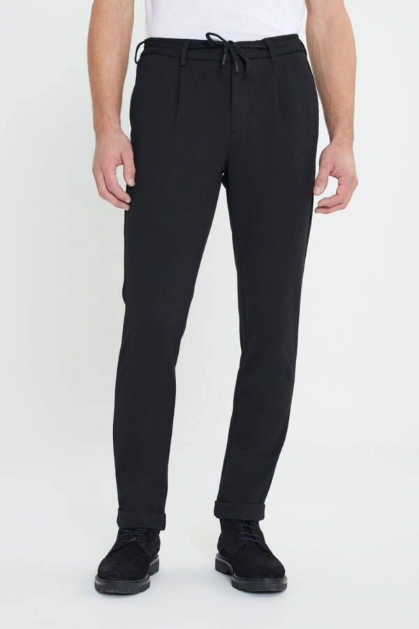 Slim Fit Tor Keltirilgan Beli Bogʻlamali Yon Choʻntak Moslashuvchan Kundalik Qora Shim - 2