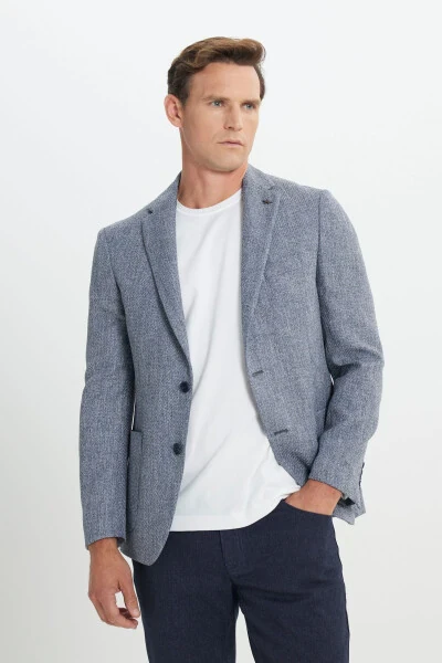 Slim Fit tor kesilgan mono yoqali naqshli cho'ntakli to'q ko'k ko'ylak - ALTINYILDIZ CLASSICS