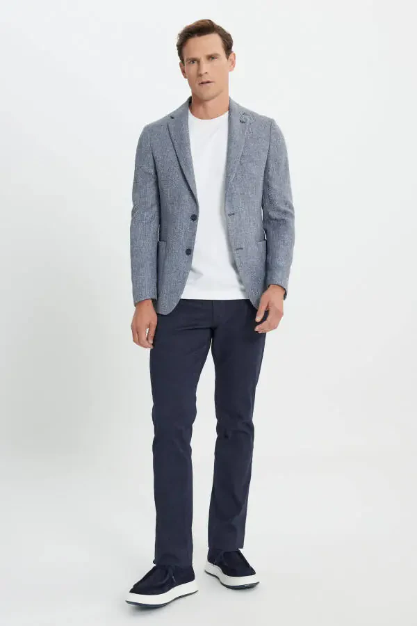 Slim Fit tor kesilgan mono yoqali naqshli cho'ntakli to'q ko'k ko'ylak - 2