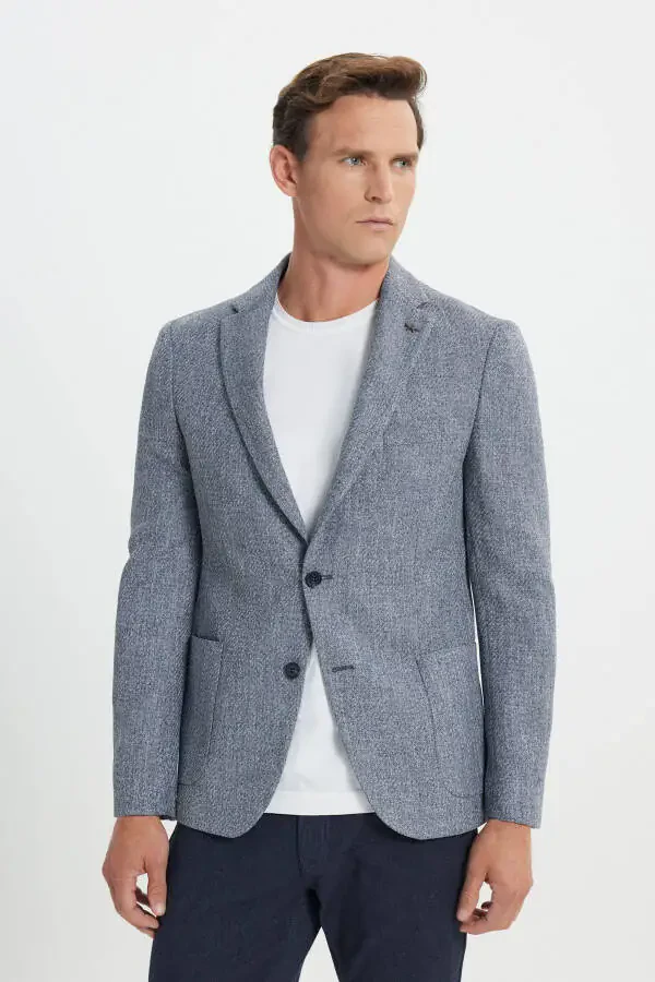 Slim Fit tor kesilgan mono yoqali naqshli cho'ntakli to'q ko'k ko'ylak - 3