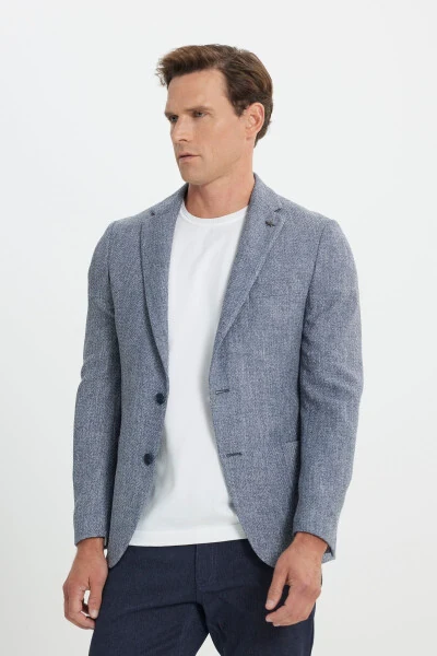 Slim Fit tor kesilgan mono yoqali naqshli cho'ntakli to'q ko'k ko'ylak - 4