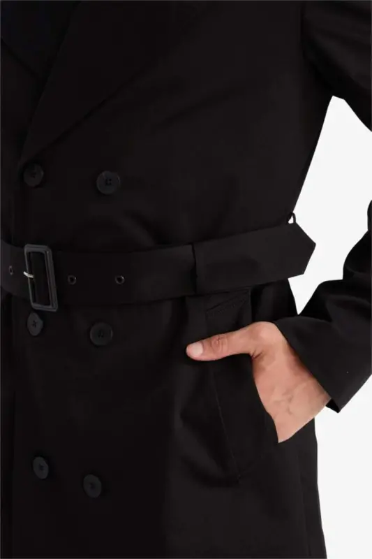 Slim Fit Tor kesilgan tugmachali kamarli trençkot qora - 6