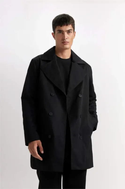 Slim Fit Tor kesilgan tugmachali kamarli trençkot qora - 4