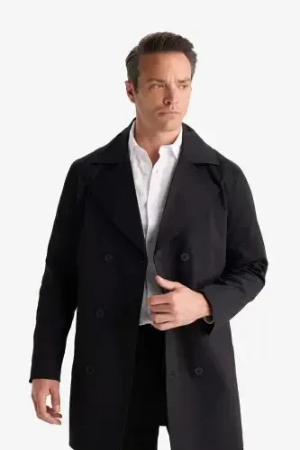 Slim Fit Tor kesilgan tugmachali kamarli trençkot qora - 6