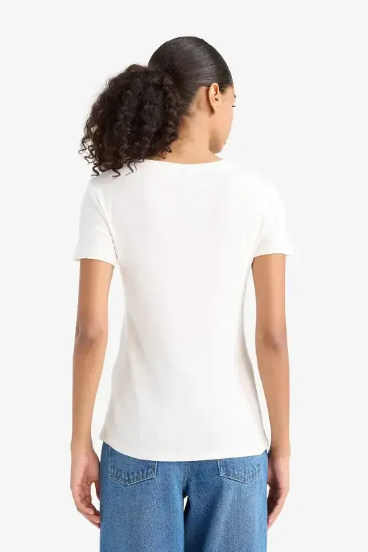 Slim Fit Tor kesilgan V yoqali Basic tekis Ribana qisqa yengli futbolka-Ekru - 5