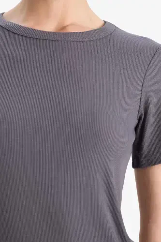 Slim Fit Tor kesilgan Velosiped yoqali Asosiy tekis Fitilli Kaşkorse Qisqa yengli futbolka-Kulrang - 5