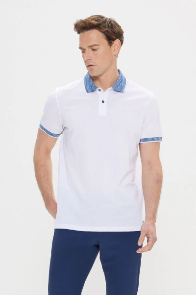 Slim Fit Tor kesim 100% paxta jakkardli polo yoqali oq-ko'k futbolka - ALTINYILDIZ CLASSICS