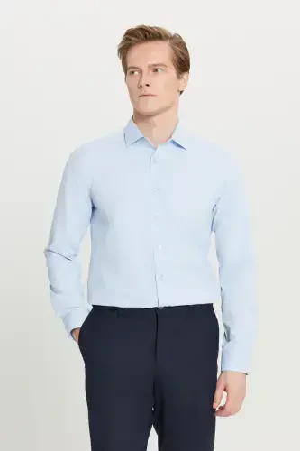 Slim Fit Tor kesim Klassik Yoqa Armürlü Och Ko'k Ko'ylak - 1