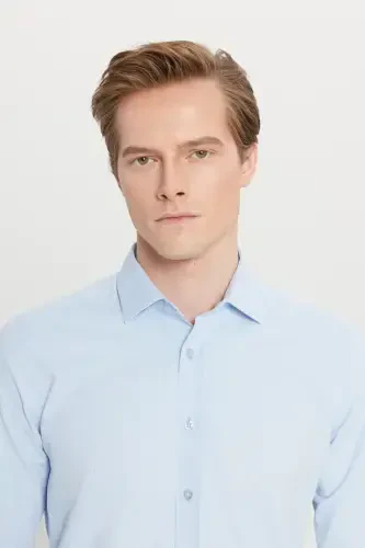 Slim Fit Tor kesim Klassik Yoqa Armürlü Och Ko'k Ko'ylak - 4