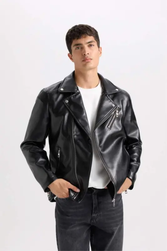 Slim Fit Tor Kesim Polo Yaxali Astarli Fermuarli Sun'iy Charm Kurtka Qora - 3