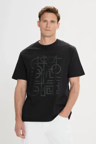 Slim Fit Tor Kiyim 100% Paxta Bosmali Velosiped Yoqali Qora Futbolka-QORA - 1