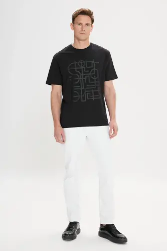 Slim Fit Tor Kiyim 100% Paxta Bosmali Velosiped Yoqali Qora Futbolka-QORA - 2