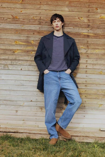 Slim Fit Tor Kiyimli Tugmali Kamarli Trench Palto - Ko'k - 3