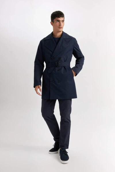 Slim Fit Tor Kiyimli Tugmali Kamarli Trench Palto - Ko'k - 5