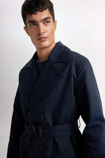 Slim Fit Tor Kiyimli Tugmali Kamarli Trench Palto - Ko'k - 8