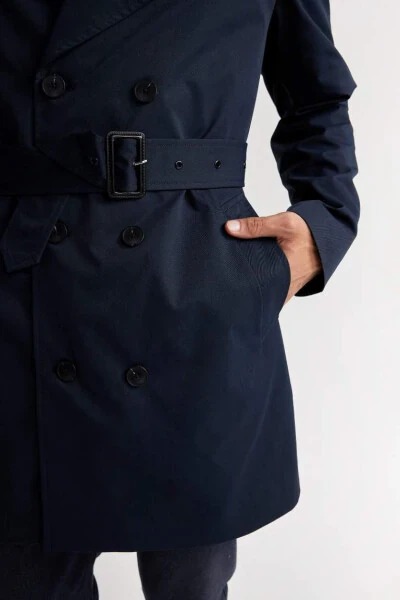 Slim Fit Tor Kiyimli Tugmali Kamarli Trench Palto - Ko'k - 9