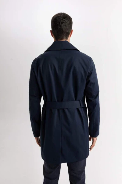 Slim Fit Tor Kiyimli Tugmali Kamarli Trench Palto - Ko'k - 10