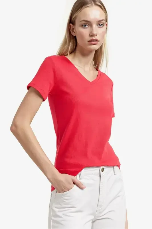 Slim Fit Tor koʻrinishli V yoqali oddiy tekis rezinka qisqa yengli futbolka - Qizil - 1