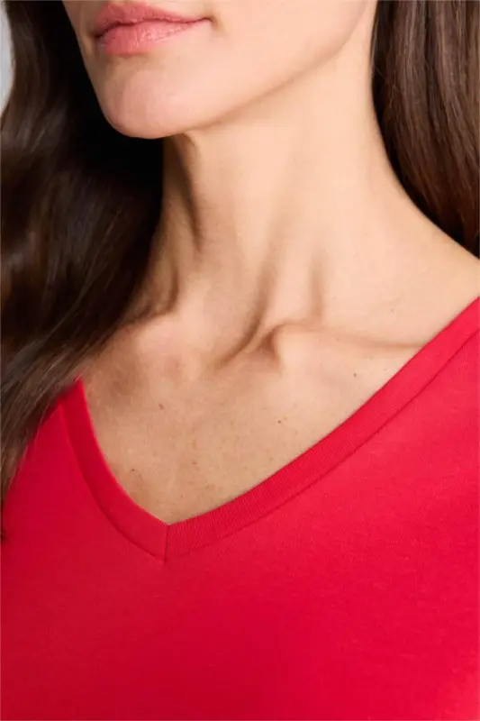 Slim Fit Tor koʻrinishli V yoqali oddiy tekis rezinka qisqa yengli futbolka - Qizil - 3