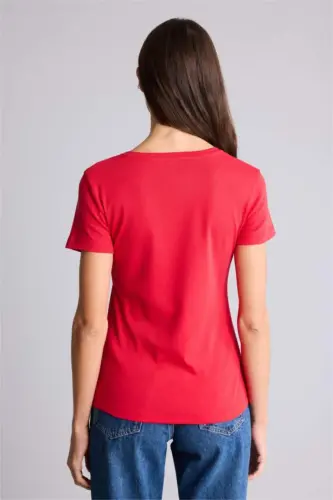 Slim Fit Tor koʻrinishli V yoqali oddiy tekis rezinka qisqa yengli futbolka - Qizil - 4