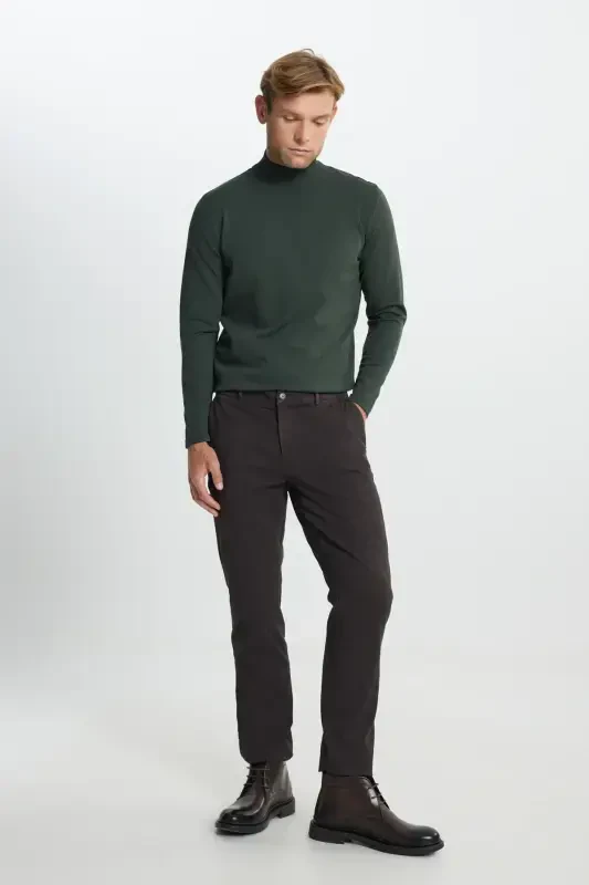 Slim Fit Tor qilingan Paxta Elastik Armür Yon cho'ntak Jigarrang Shim - 5