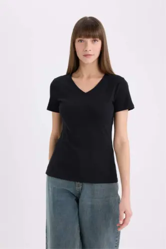 Slim Fit Tor qisqartirilgan V bo'yinli oddiy tekis qisqa qisma futbolka - Qora - 3