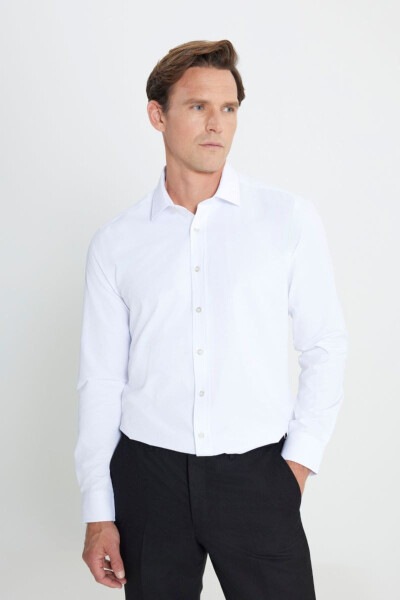 Slim Fit Tor Qisqich Klassik Yoqali Armürli Oq Ko'ylak - 1