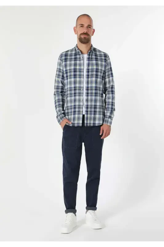 Slim Fit to'rtdagi ko'k rangli erkaklar uchun uzun yengli ko'ylak - 4