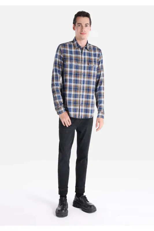 Slim Fit to'rtdagi ko'k rangli erkaklar uchun uzun yengli ko'ylak - 3