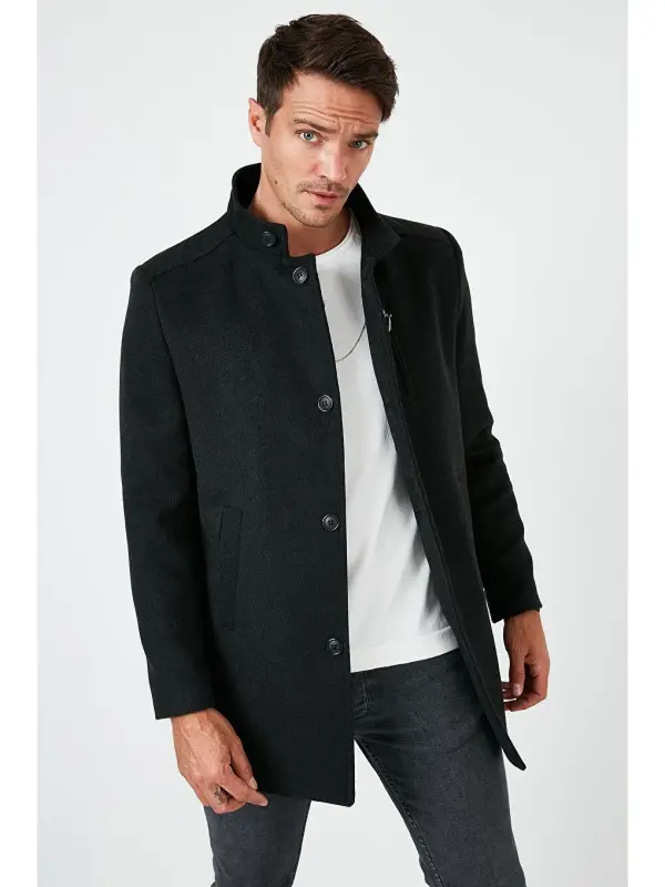 Slim Fit Tugmali Tik Yoqa Erkak Kaşe Kaban 5840099-Antrasit - 2