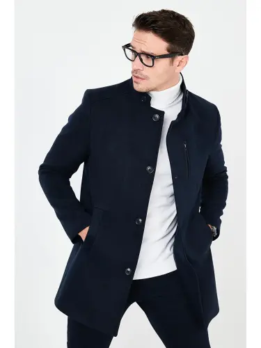 Slim Fit Tugmali Tik Yoqa Kaşe Kaban 5840099-Lacivert - 5