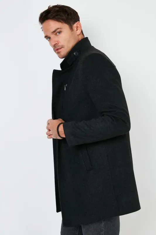 Slim Fit Tugmali Tik Yoqali Kaşmir Palto Erkaklar Paltosi 5840099-FÜME - 3