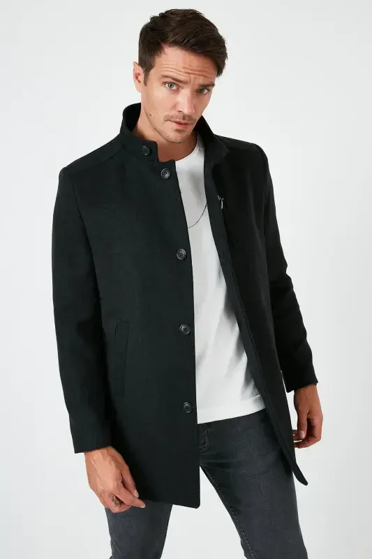 Slim Fit Tugmali Tik Yoqali Kaşmir Palto Erkaklar Paltosi 5840099-FÜME - 2