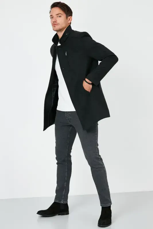 Slim Fit Tugmali Tik Yoqali Kaşmir Palto Erkaklar Paltosi 5840099-FÜME - 4