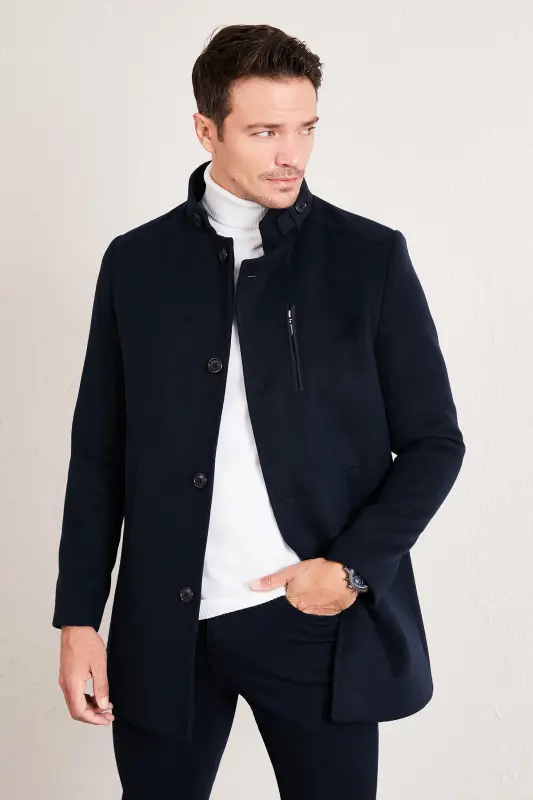 Slim Fit Tugmali Tik Yoqali Kaşmir Palto Erkaklar Paltosi 5840099-KO'K - 2