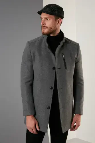 Slim Fit Tugmali Tik Yoqali Kaşmir Palto Erkaklar Paltosi 5840099-OCHIQ KUL rang - 1