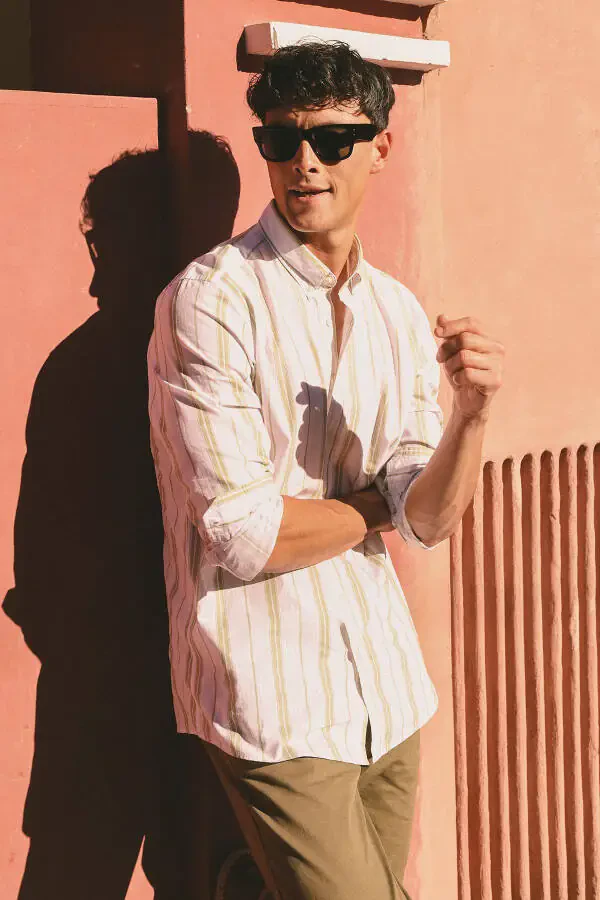 Slim Fit Узкий Крой 100% Хлопок Застежка на пуговицах Воротник в полоску Экрю-Зеленая Рубашка - 2