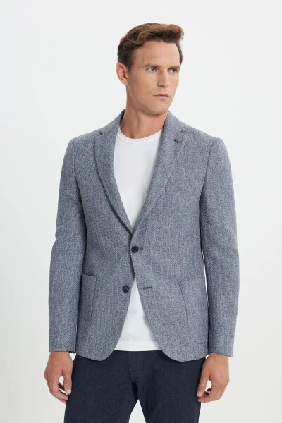 Slim Fit Узкий крой Пиджак с одним лацканом и узором, темно-синий с накладными карманами. - 3