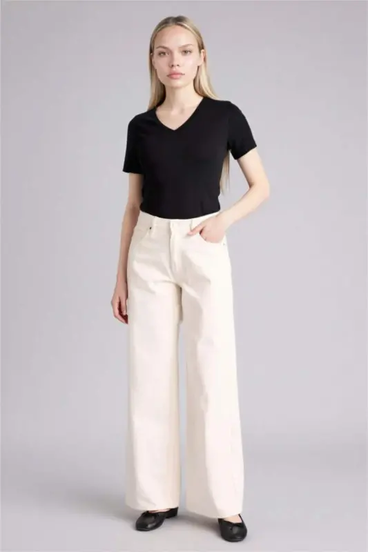 Slim Fit Узкий крой V-образный вырез Базовая однотонная ребристая футболка с короткими рукавами - Черный - 2
