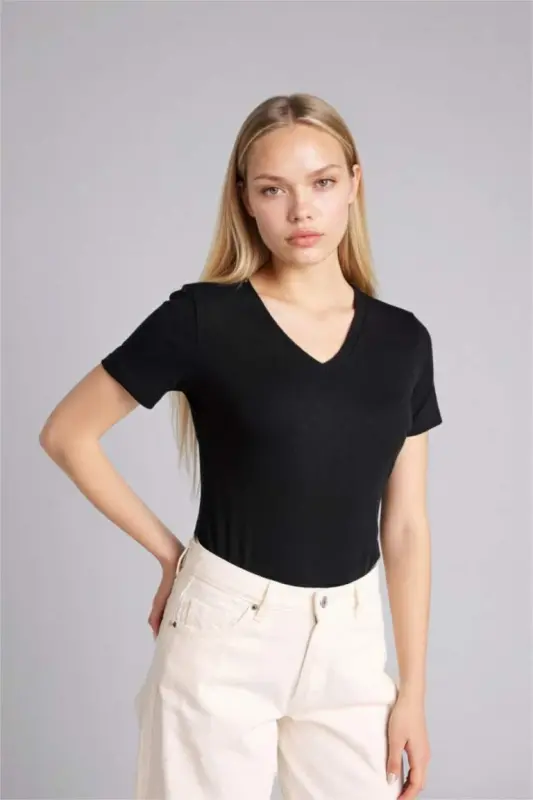 Slim Fit Узкий крой V-образный вырез Базовая однотонная ребристая футболка с короткими рукавами - Черный - 3