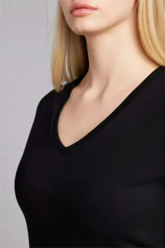 Slim Fit Узкий крой V-образный вырез Базовая однотонная ребристая футболка с короткими рукавами - Черный - 4