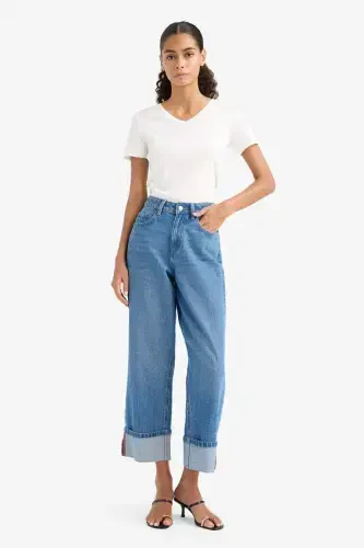 Slim Fit Узкий крой V-образный вырез Базовая Однотонная Рубчатая Футболка с короткими рукавами - Экрю - DEFACTO (1)