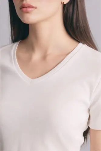 Slim Fit Узкий крой V-образный вырез Базовая Однотонная Рубчатая Футболка с короткими рукавами - Экрю - 3