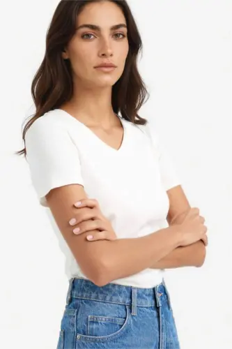 Slim Fit Узкий крой V-образный вырез Базовая Однотонная Рубчатая Футболка с короткими рукавами - Экрю 